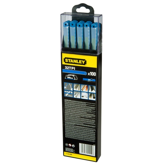 Stanley 1-15-559 hacksaw blades pack, 32TPI, 300mm, box of 100, front angle on white background.