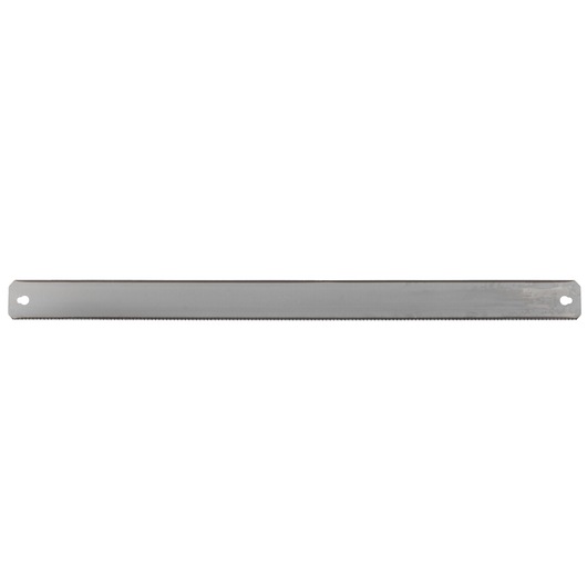 Metal hacksaw blade with fine teeth and holes at each end for mounting in a saw frame.