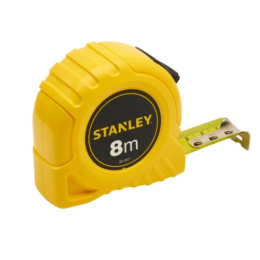 Yellow STANLEY tape measure with 8m length, partially extended metal tape.