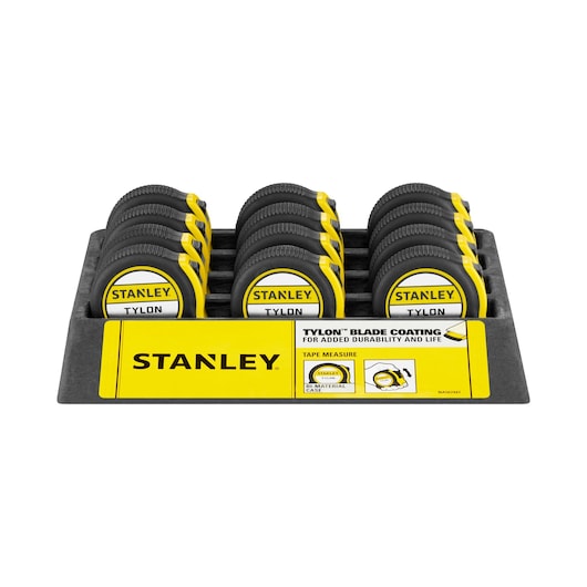 STANLEY 1-30-686 tape measures with Tylon coating in a display tray, photographed from the front.