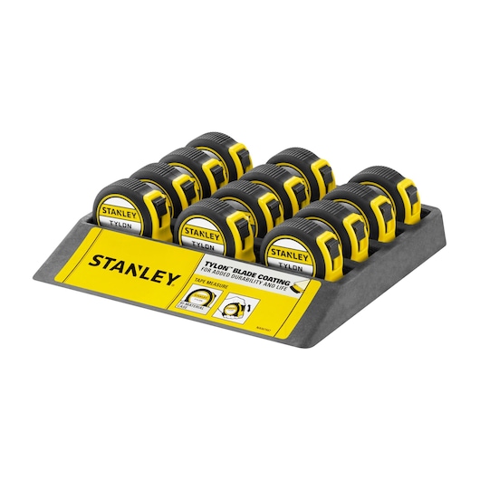 STANLEY 1-30-686 tape measure display pack, yellow and black, side angle, 12 units.