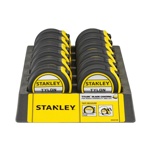 STANLEY 1-30-697 tape measure set, front angle, yellow and black design, in display tray.