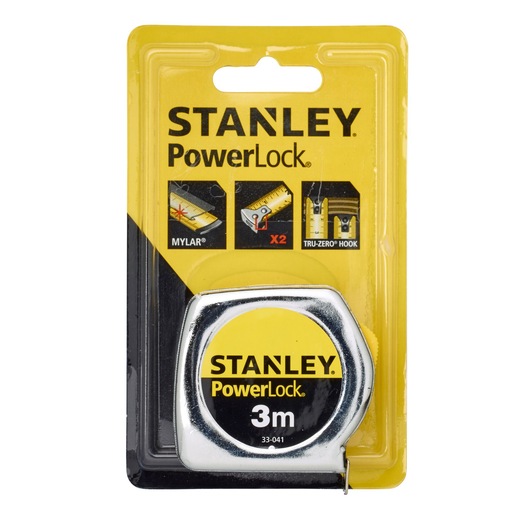 Stanley 1-33-041 PowerLock 3m tape measure, front packaging view, with yellow and black branding.