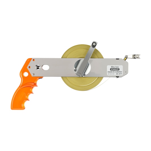 STANLEY 1-34-477 measuring tape with orange plastic handle, metal frame and winding crank, front view.