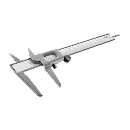 Photo of STANLEY 1-35-603 vernier caliper, silver metal, side angle on white background.