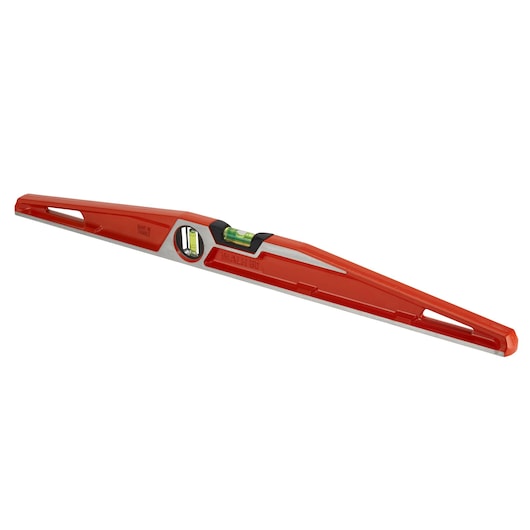 STANLEY 1-42-423 red spirit level with dual vials, side angle, durable frame and ergonomic cutout handles.