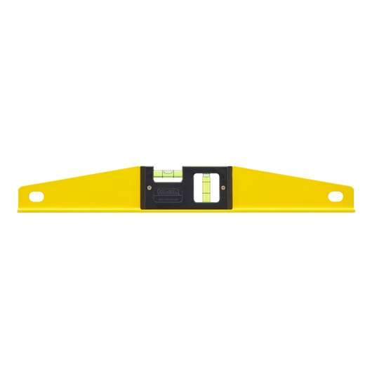STANLEY 1-42-802 yellow spirit level with center vial, front view, photography product.