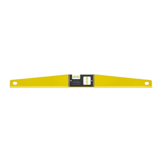 STANLEY 1-42-804 yellow spirit level with two vials, photography, front angle on white background.