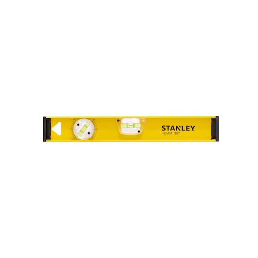 Photo of STANLEY 1-42-919 yellow I-Beam spirit level with dual vials, front angle, on white background.