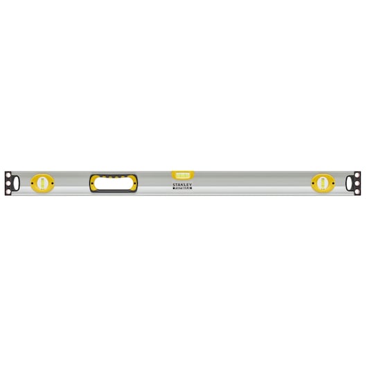Photo of STANLEY 1-43-537 spirit level with silver body, yellow vial holders, and black handle, front angle.