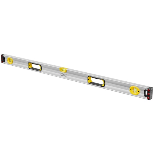 STANLEY 1-43-549 spirit level, silver with yellow vials and black handles, side angle on white background.