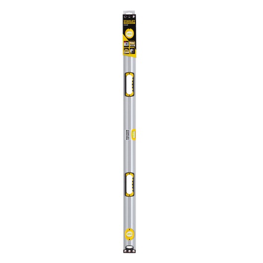 STANLEY 1-43-549 spirit level, silver with yellow accents, photographed vertically on white background.