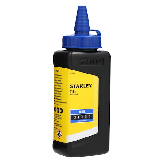 STANLEY 1-47-403 blue chalk bottle, 113g, black container with yellow label and blue cap, front angle.