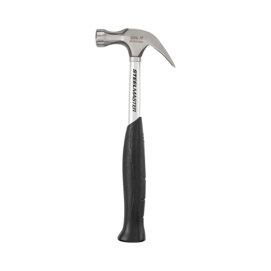 STANLEY 1-51-031 claw hammer, SteelMaster, silver head and shaft, black grip, front angle, photography