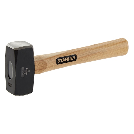 Photo of STANLEY 1-54-051 sledge hammer with wooden handle, black steel head, side angle on white background.