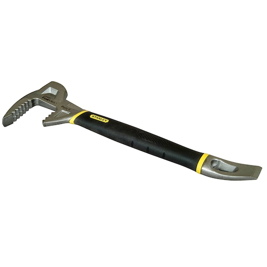 Stanley claw bar tool with a black and yellow handle and metallic, curved ends for demolition and prying.