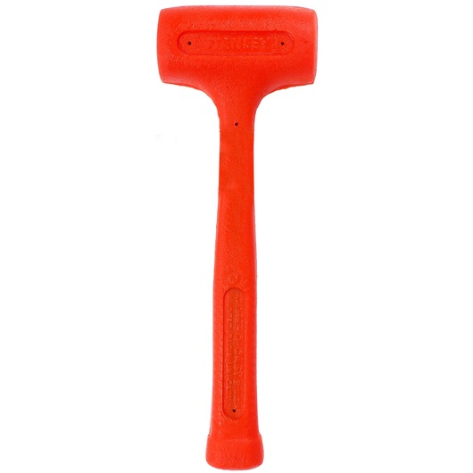 STANLEY 1-57-531 orange dead blow hammer, front angle, textured handle, tool photography.