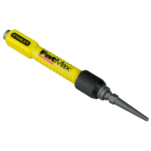 STANLEY 1-58-501 yellow and black FatMax automatic center punch, angled product photo on white background.