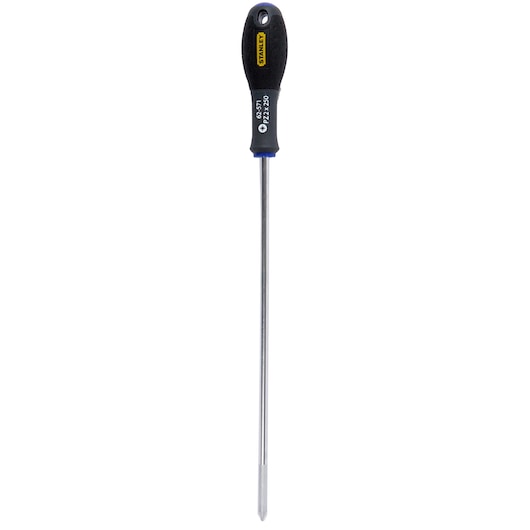 Photo of STANLEY 1-62-571 screwdriver with black handle and long silver shaft, front angle on white background.