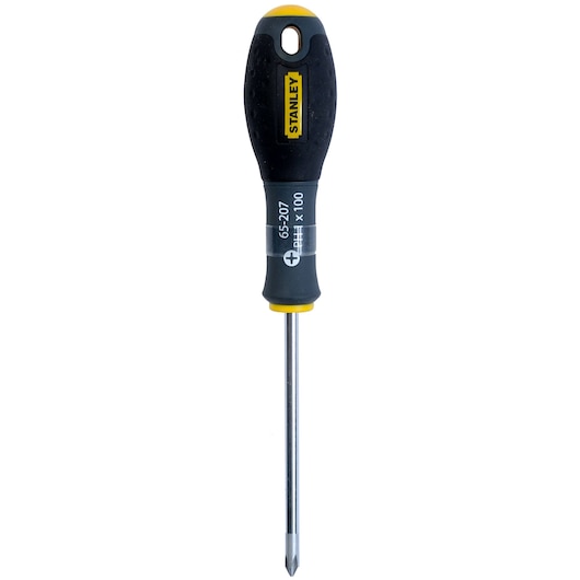 STANLEY 1-65-207 Phillips screwdriver with black and yellow handle, front view on white background.