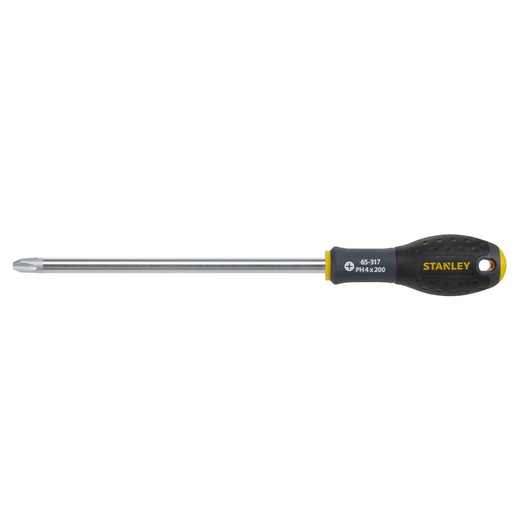 STANLEY 1-65-317 Phillips screwdriver with black and yellow handle, long shaft, side view, white background.