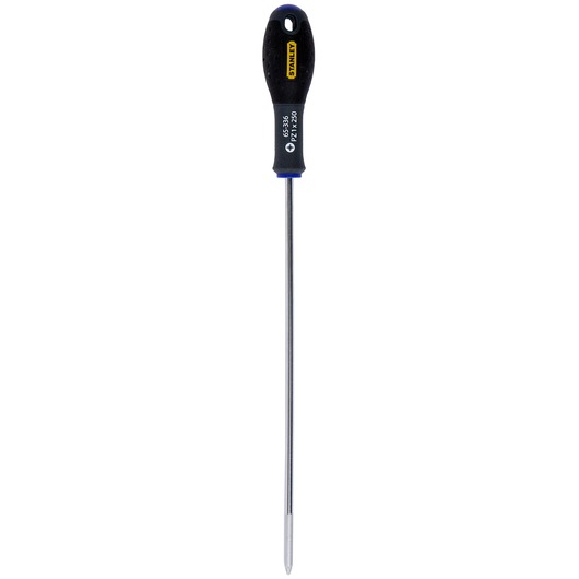 STANLEY 1-65-336 long Phillips screwdriver with black handle, straight-on angle, on white background.