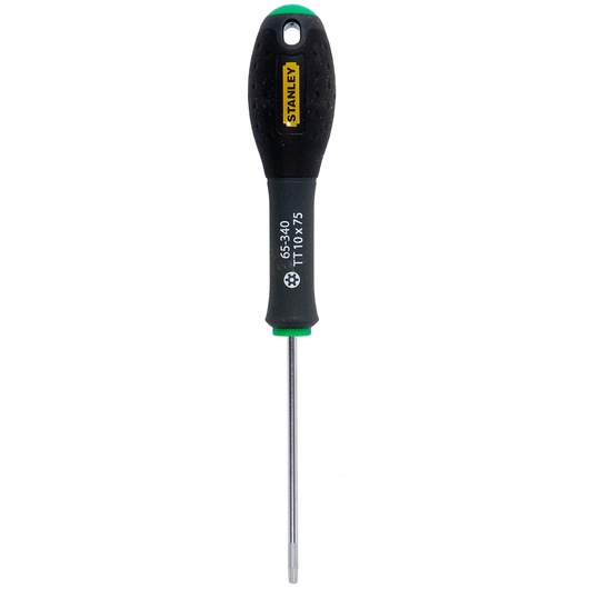 STANLEY 1-65-340 Torx screwdriver with black and green handle, TT10x75, front view on white background.