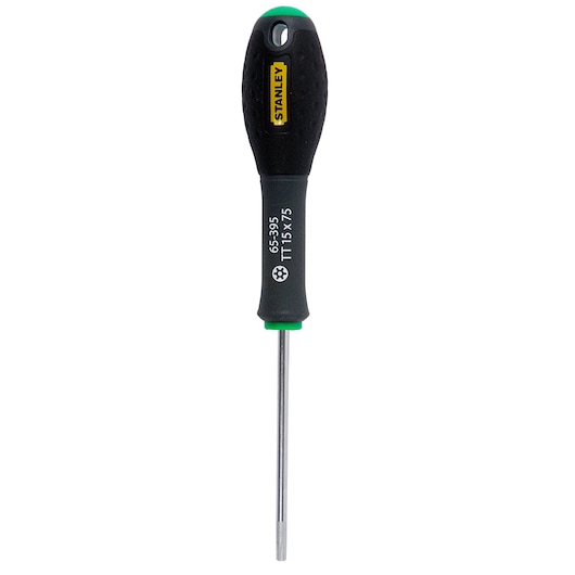 STANLEY 1-65-395 Torx screwdriver with black and green handle, straight-on view, plain white background.