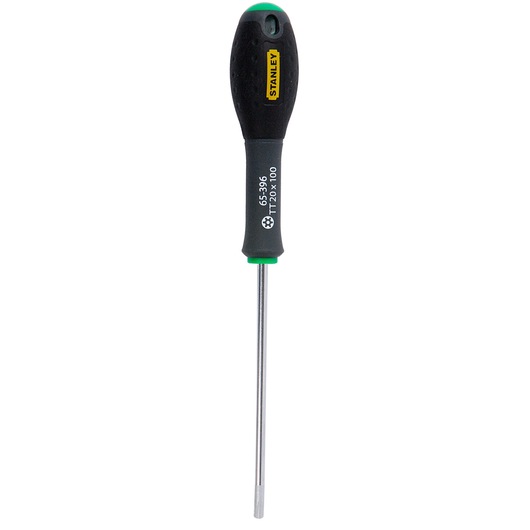 Photo of STANLEY 1-65-396 Torx screwdriver with black and green handle, front angle on white background.