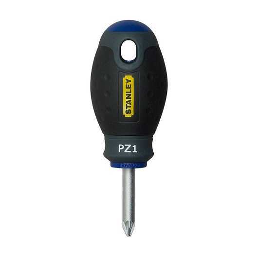 Photo of STANLEY 1-65-408 stubby Pozidriv screwdriver, black handle, front view on white background.