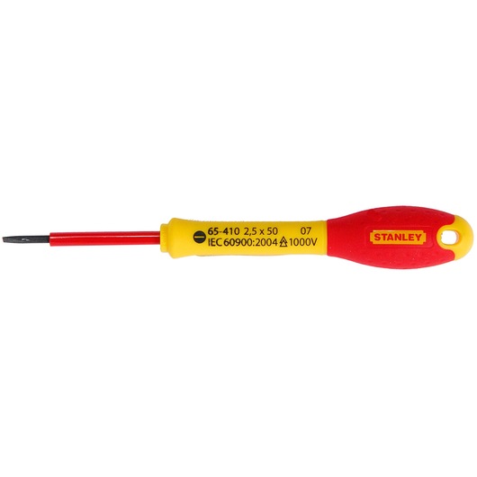 Stanley insulated screwdriver 1-65-410, yellow and red handle, flat blade, side angle on white background.