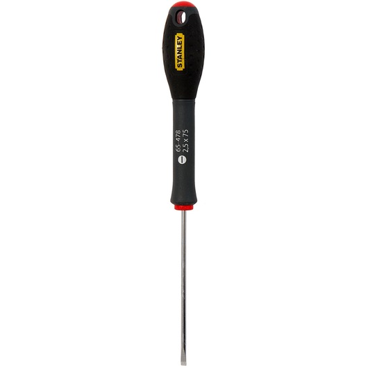 STANLEY 1-65-478 flathead screwdriver, black ergonomic handle, front view, photography on white background.