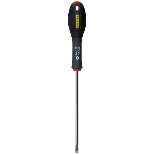 Photo of STANLEY 1-65-481 slotted screwdriver with black and yellow handle, front view on white background.