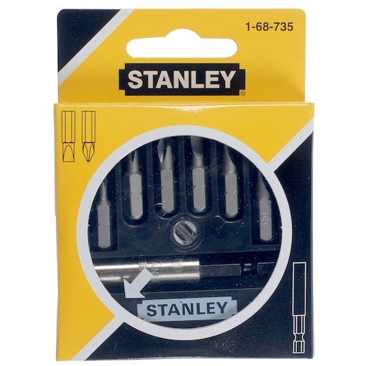 STANLEY 1-68-735 photography of screwdriver bit set in yellow and black retail packaging, front view.