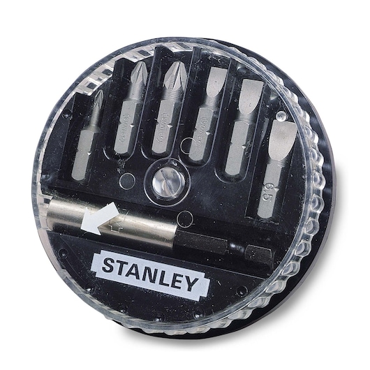 Round Stanley case with assorted screwdriver bits and adapter for various uses.