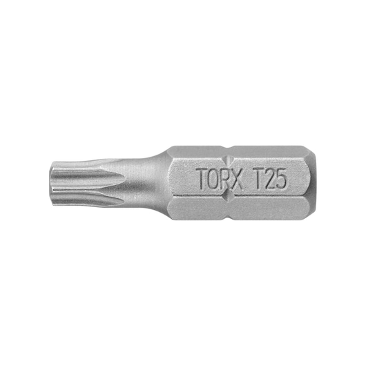 STANLEY 1-68-845 TORX T25 screwdriver bit, silver, side angle, product photography.
