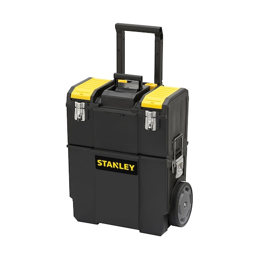 STANLEY 1-70-327 rolling tool box, black with yellow lid accents, large wheels, front angle on white background.