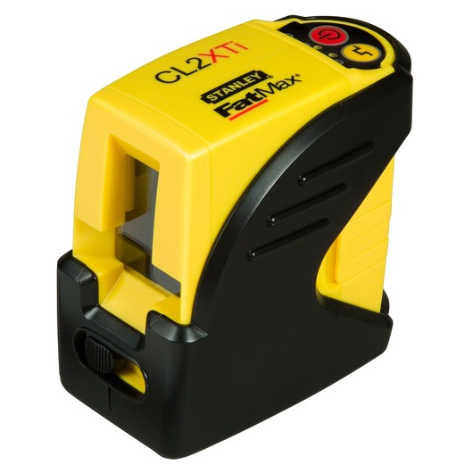 Photo of STANLEY 1-77-121 laser level, yellow and black body, branding and controls visible, angled on white background.
