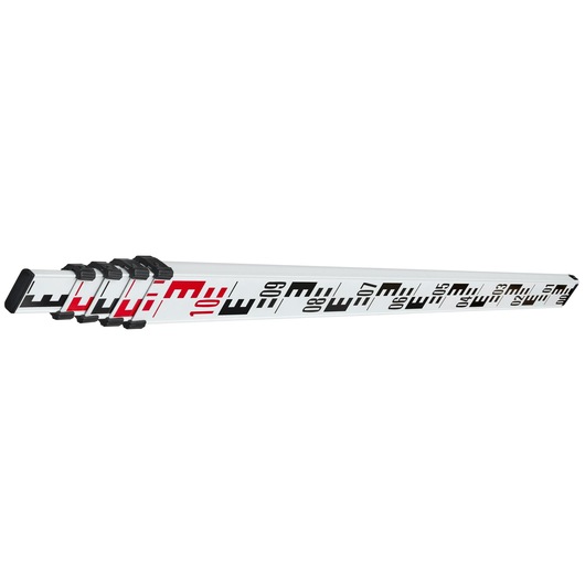 STANLEY 1-77-161 telescopic aluminum leveling staff, photography, white with black and red markings, side view