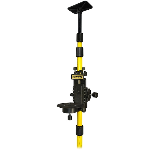 Photo of STANLEY 1-77-221 telescopic yellow and black laser pole for photography, shown upright on white background.