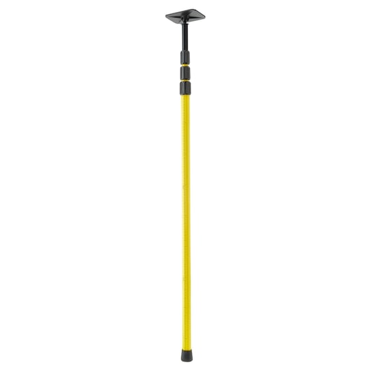 Yellow telescopic pole with black adjustable knobs and flat top, used for photography or measuring tasks.