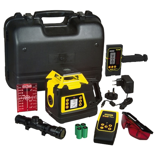 STANLEY 1-77-439 rotary laser level kit with yellow and black laser, remote, detector, charger, target plate, goggles, scope, batteries, and carrying case, front angle.