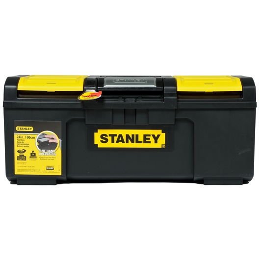 STANLEY 1-79-218 toolbox, black and yellow, front angle on white background, 24in size.