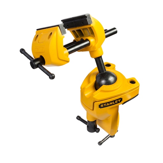 Photo of STANLEY 1-83-069 yellow multi-angle bench vise, front angle on white background.