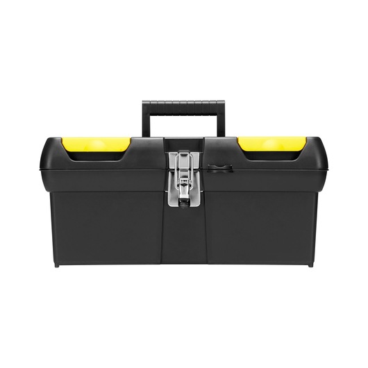 Black toolbox with yellow compartments and a central metal latch, shown from the front against a white background.