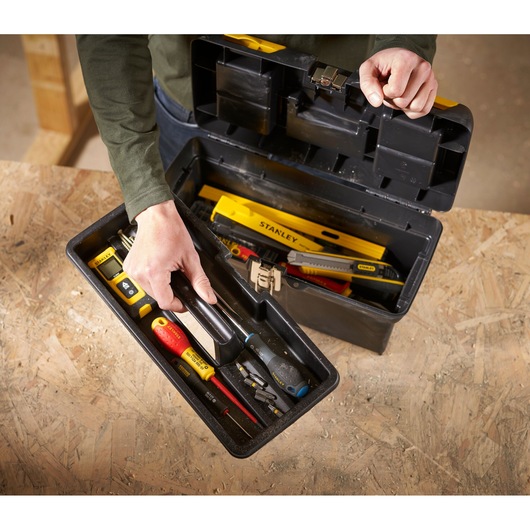 STANLEY 1-92-065 toolbox with hand tools, open lid, photography from above.