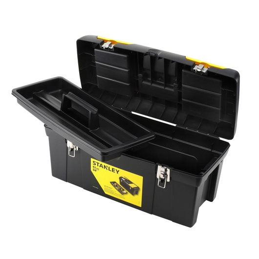 STANLEY 1-92-067 black toolbox with metal clasps, open lid and removable tray, front angle