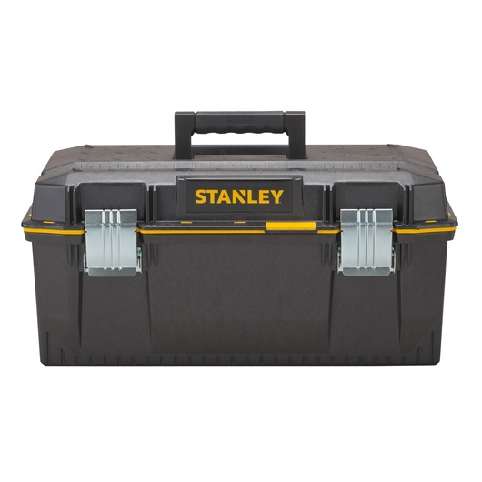 STANLEY 1-93-935 black toolbox with metal latches and handle, front angle, photography.