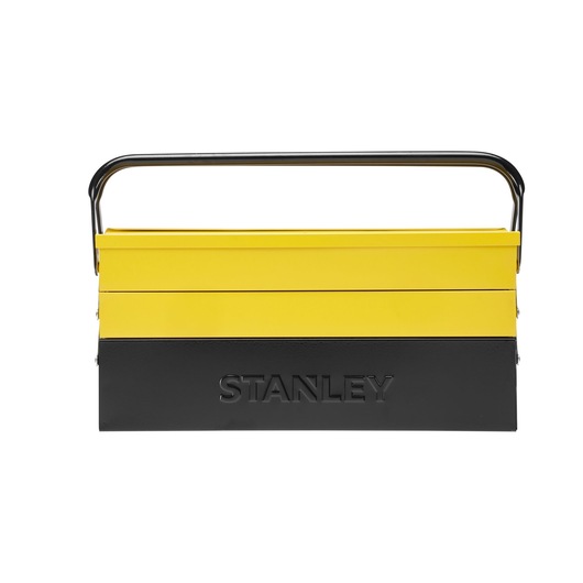 STANLEY 1-94-738 metal toolbox, yellow and black, front view, with embossed logo, photography product.