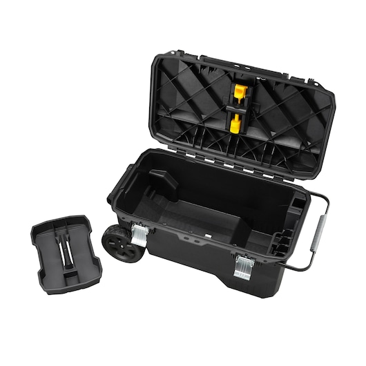STANLEY 1-94-850 black wheeled tool box with open lid, removable tray, and metal latches, top view.
